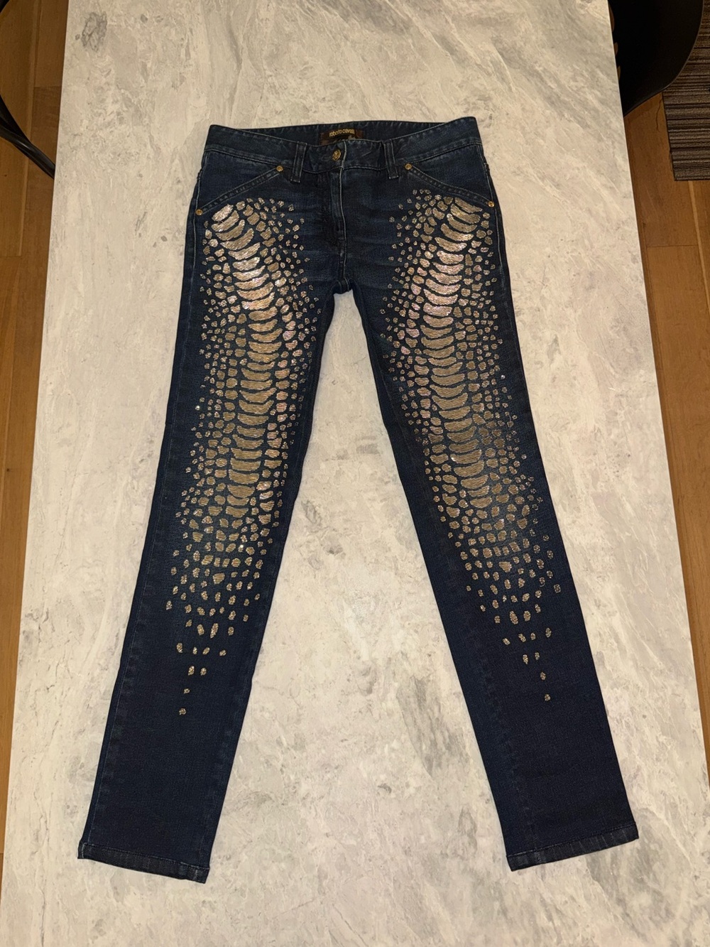 Roberto Cavalli Vintage Gold Beaded Snake Print Jeans - Picture 4 of 11